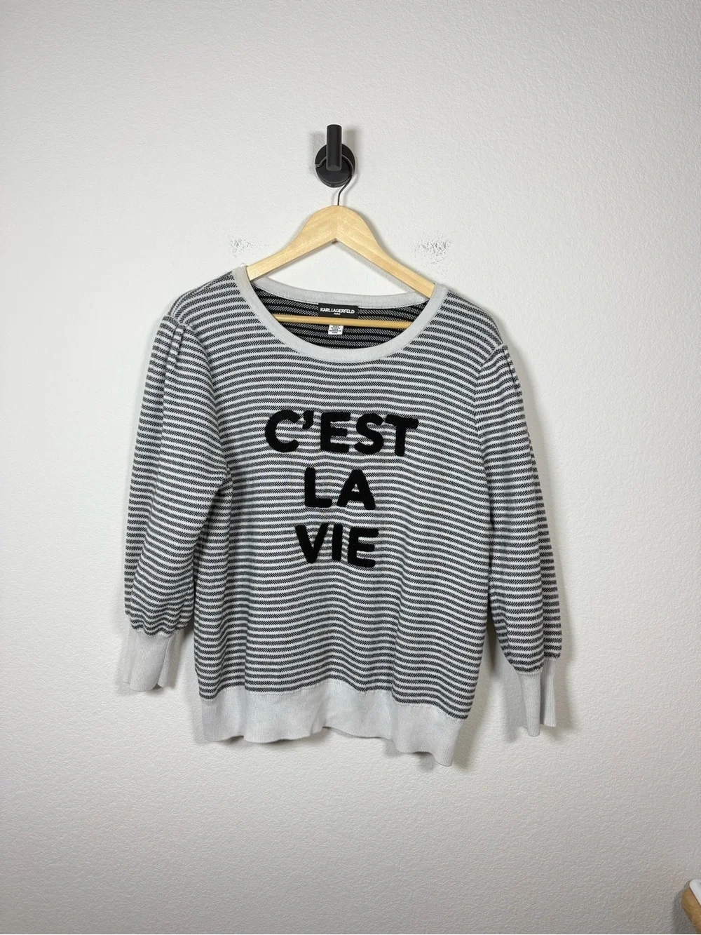 Karl Lagerfeld C'est La Vie Striped Nautical Coastal Sweater XL Puff Sleeve
